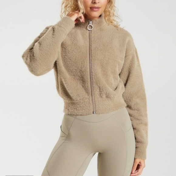 Gymshark Womens Soft Fuzzy Eyelash Zip Up Jacket Tan Womens Size S - Picture 8 of 8